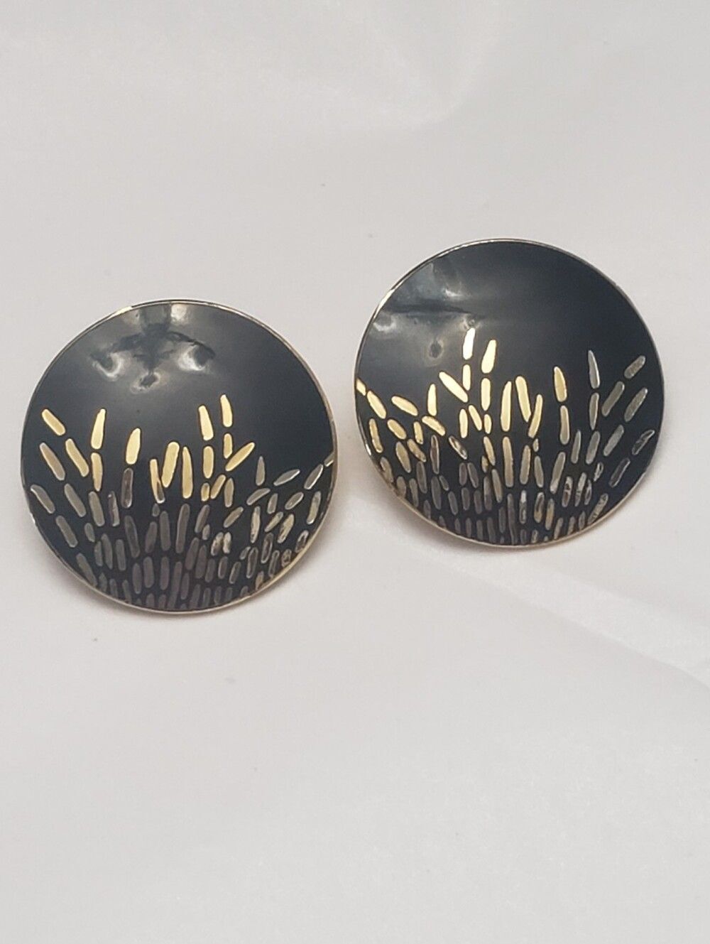 Large Glossy Enameled Black & Gold Pierced Earrings